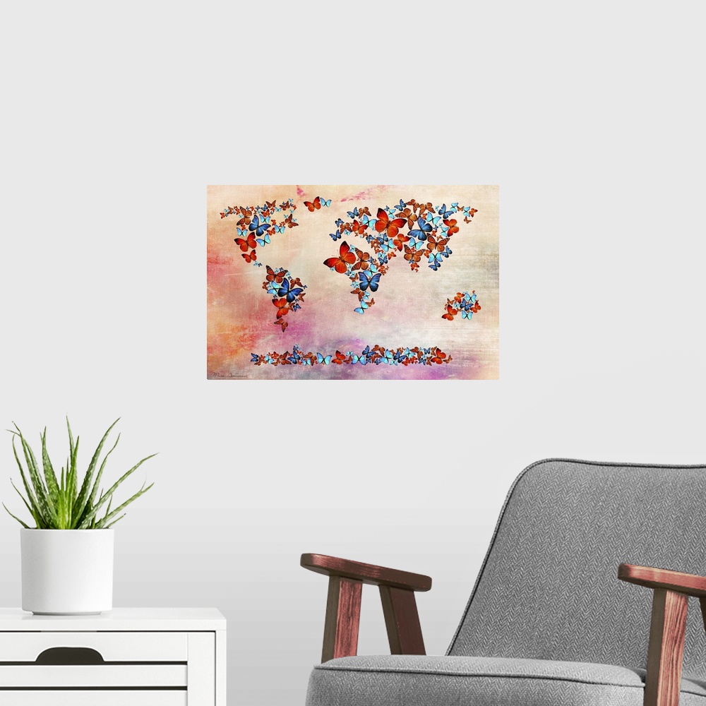 A modern room featuring World map comprised of different colored butterflies.