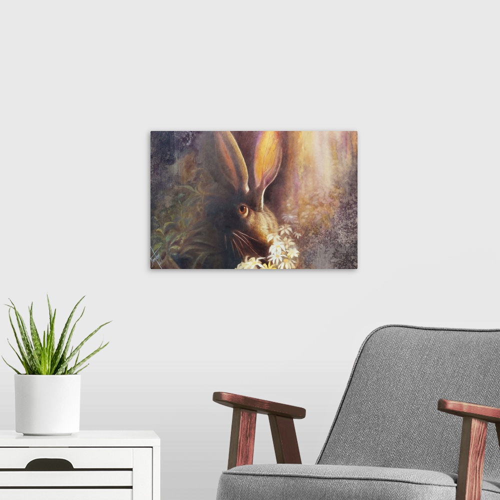 A modern room featuring A contemporary painting of a long eared rabbit seen through wildflowers and partially hidden in s...