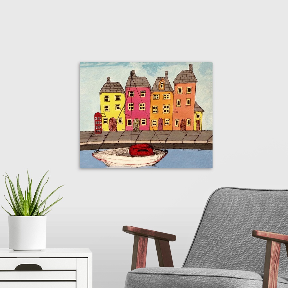A modern room featuring Contemporary painting of colorful houses alongside a canal, with a boat.