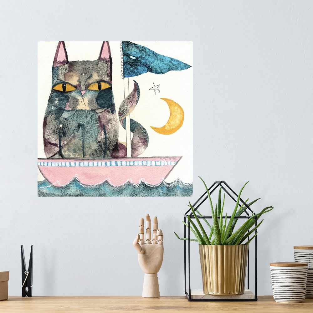 A bohemian room featuring An angry looking cat in a boat with the moon in the sky.