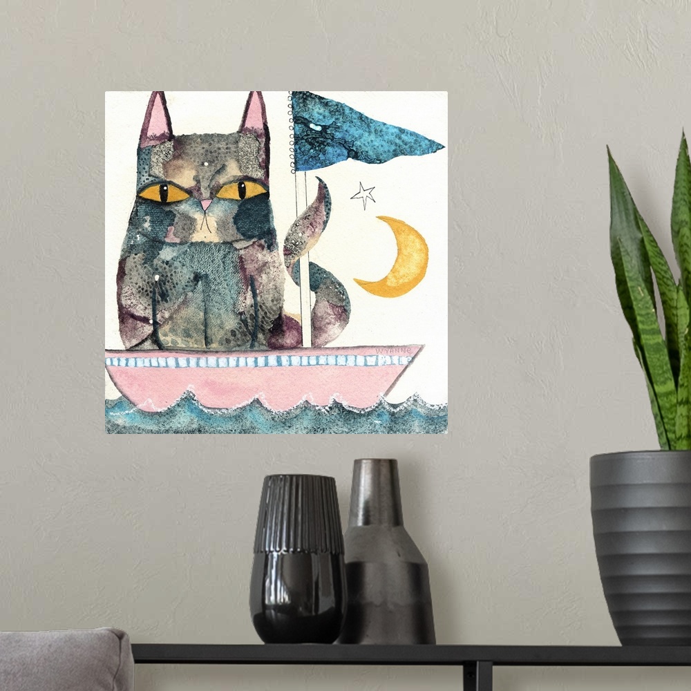 A modern room featuring An angry looking cat in a boat with the moon in the sky.