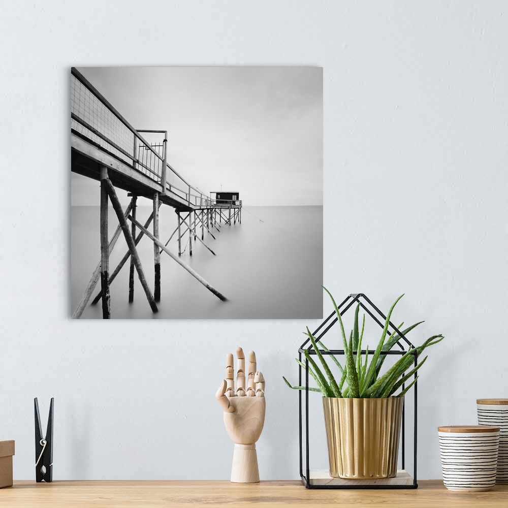 A bohemian room featuring Cabane, pier, water, fog, black and white photography