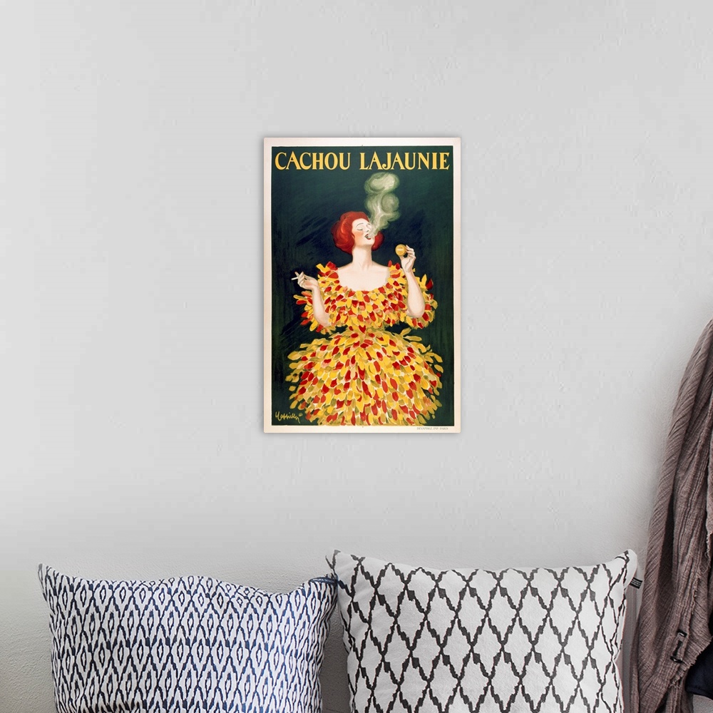 A bohemian room featuring Large vertical vintage advertisement for Cachou Lajaunieof a red haired woman in a brightly color...