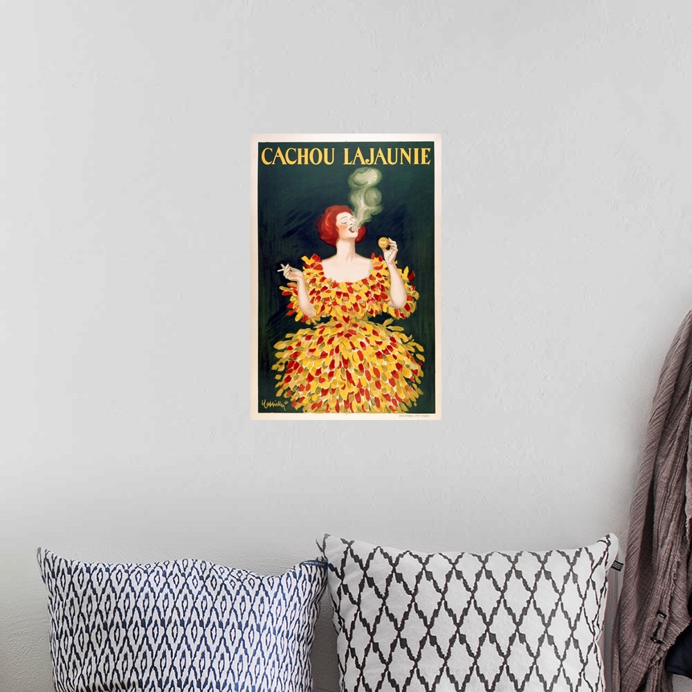 A bohemian room featuring Large vertical vintage advertisement for Cachou Lajaunieof a red haired woman in a brightly color...