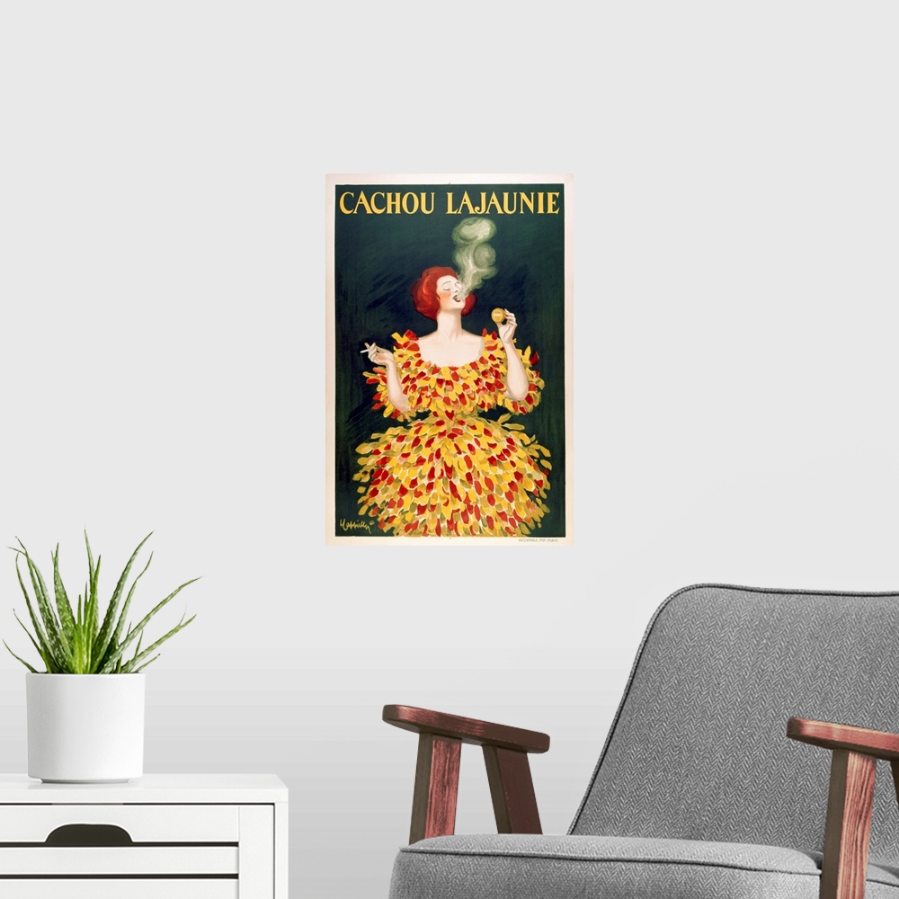 A modern room featuring Large vertical vintage advertisement for Cachou Lajaunieof a red haired woman in a brightly color...