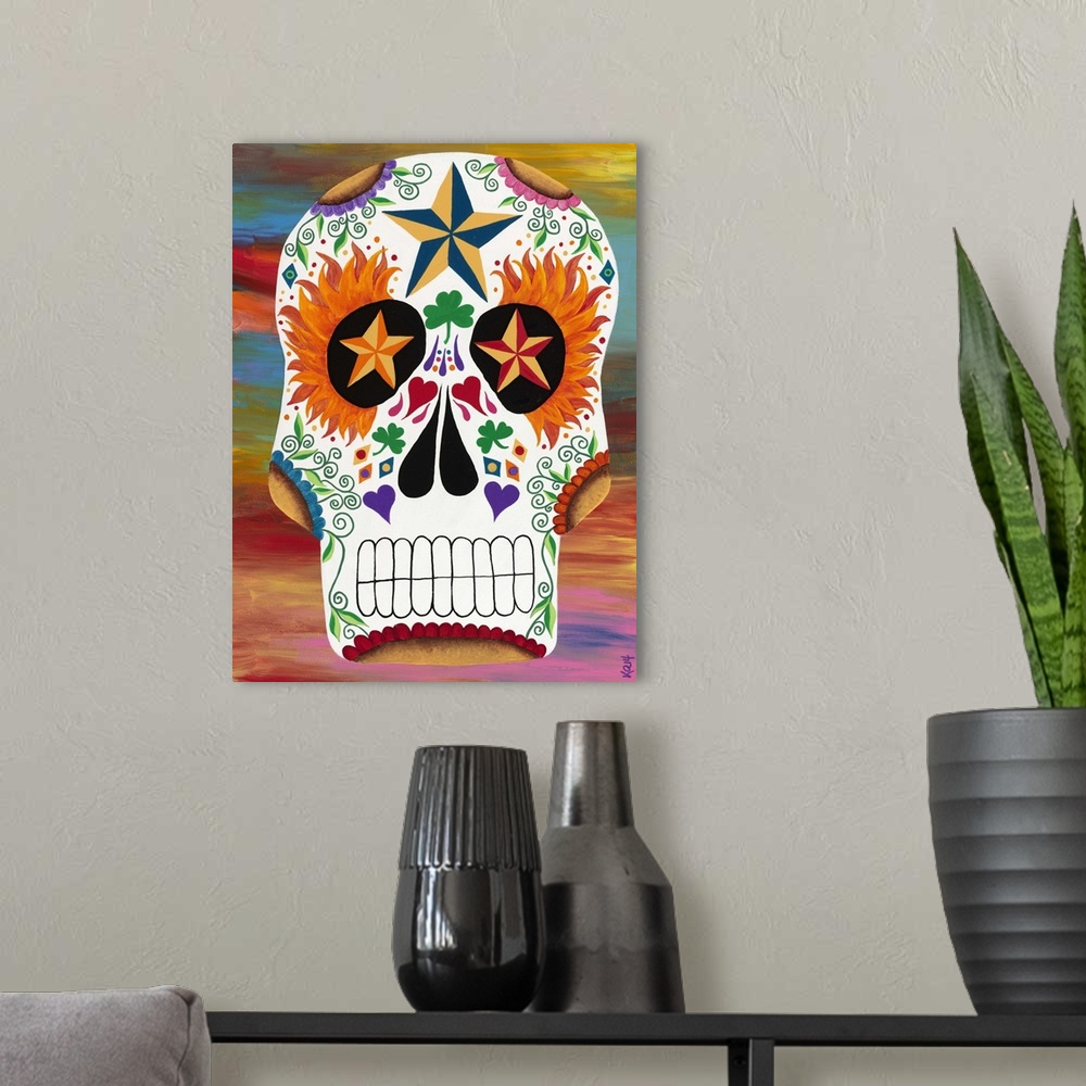 A modern room featuring Painting of a decorative sugar skull, celebrating the Day of the Dead.