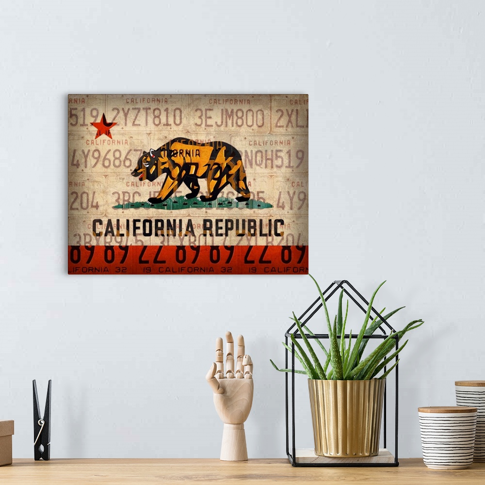 A bohemian room featuring Cali State Flag License Plates