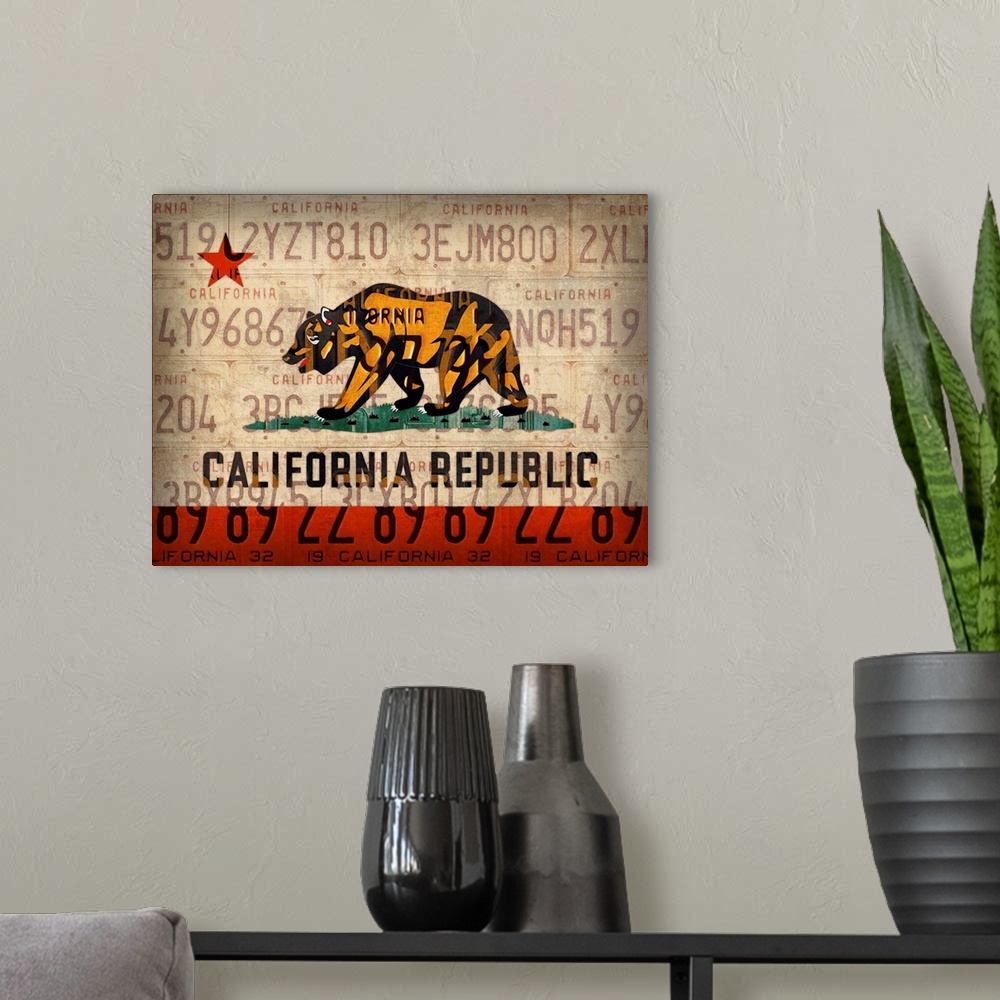 A modern room featuring Cali State Flag License Plates