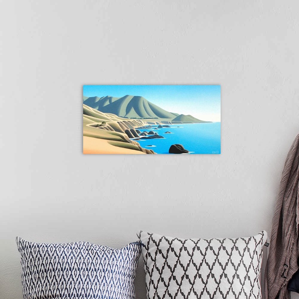 A bohemian room featuring Contemporary colorful painting of a coastline.