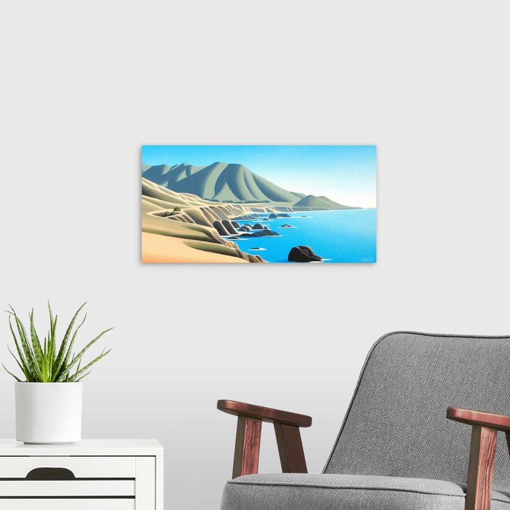 A modern room featuring Contemporary colorful painting of a coastline.