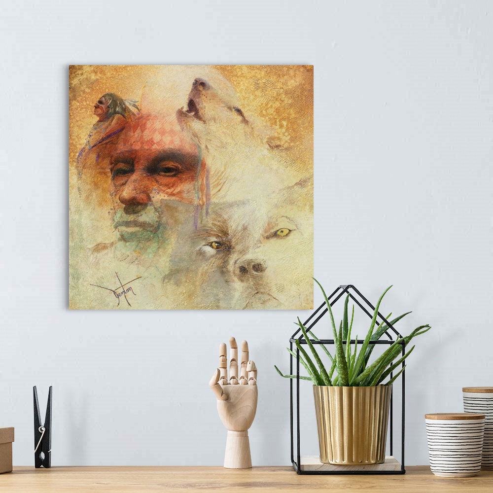 A bohemian room featuring A contemporary painting of a Native American man portrait next to an image of a wolf.