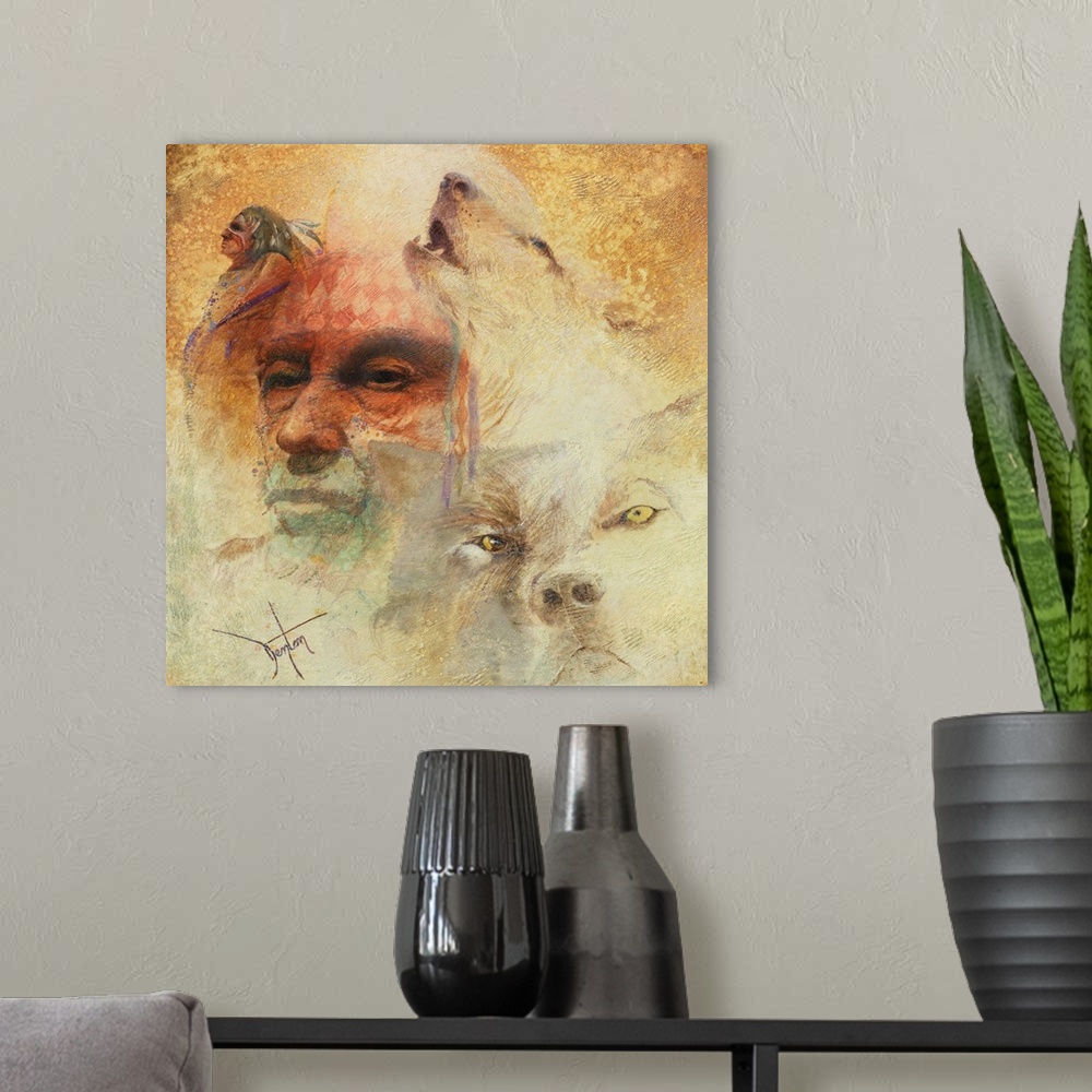 A modern room featuring A contemporary painting of a Native American man portrait next to an image of a wolf.