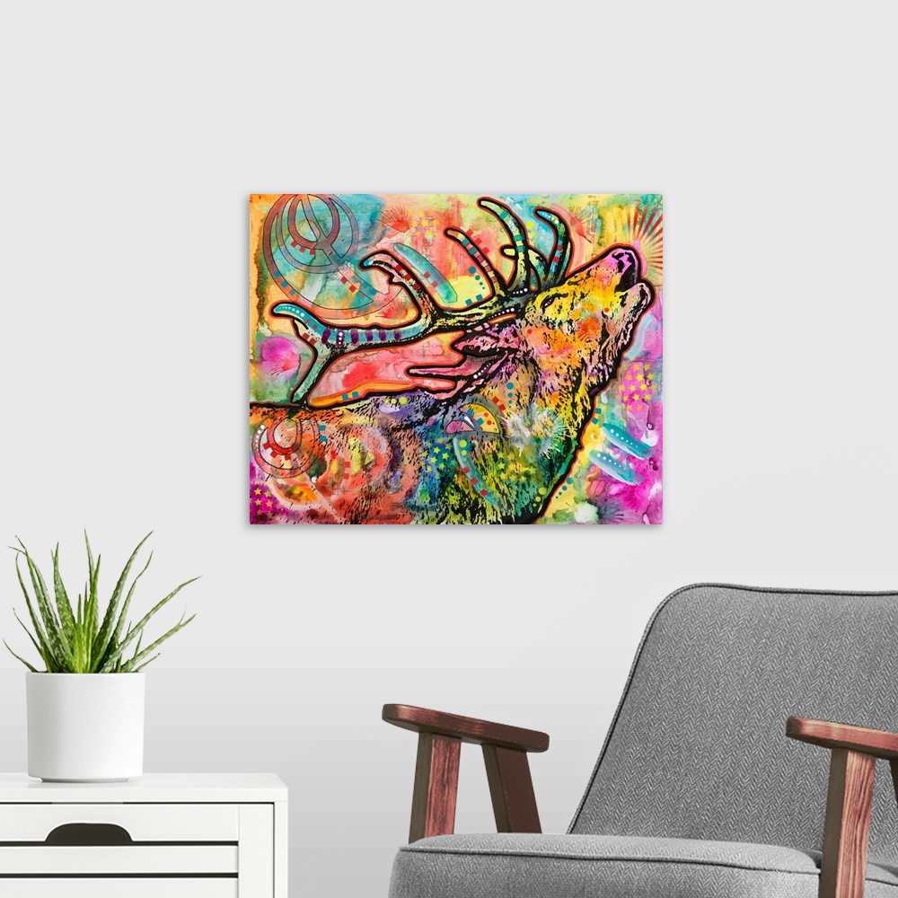 A modern room featuring Colorful painting of an elk with its chin up calling in the wind with abstract designs all over.