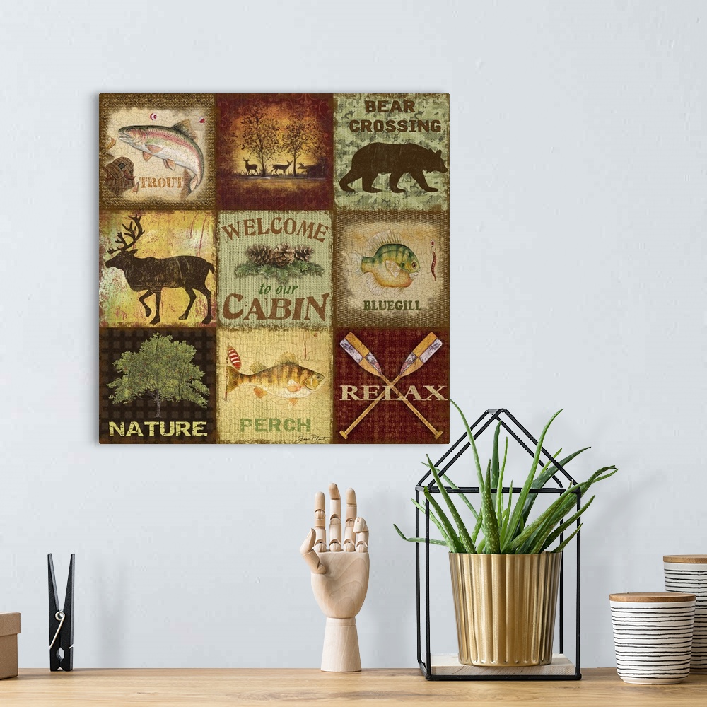 A bohemian room featuring Home decor artwork of multiple tiles of outdoorsy wilderness themed images.