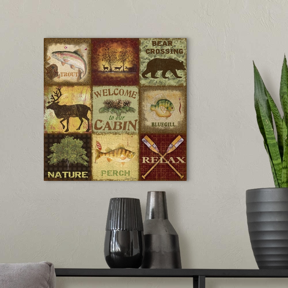 A modern room featuring Home decor artwork of multiple tiles of outdoorsy wilderness themed images.