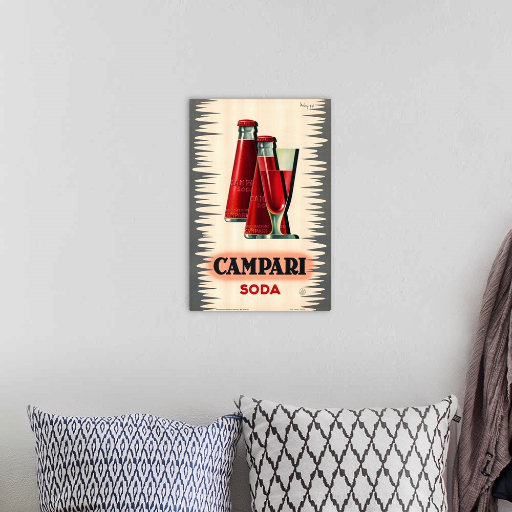 A bohemian room featuring Vintage advertisement artwork for Campari soda.