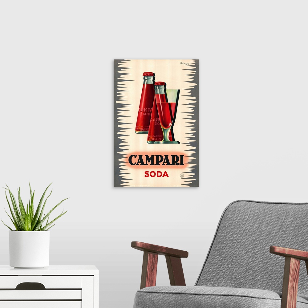 A modern room featuring Vintage advertisement artwork for Campari soda.