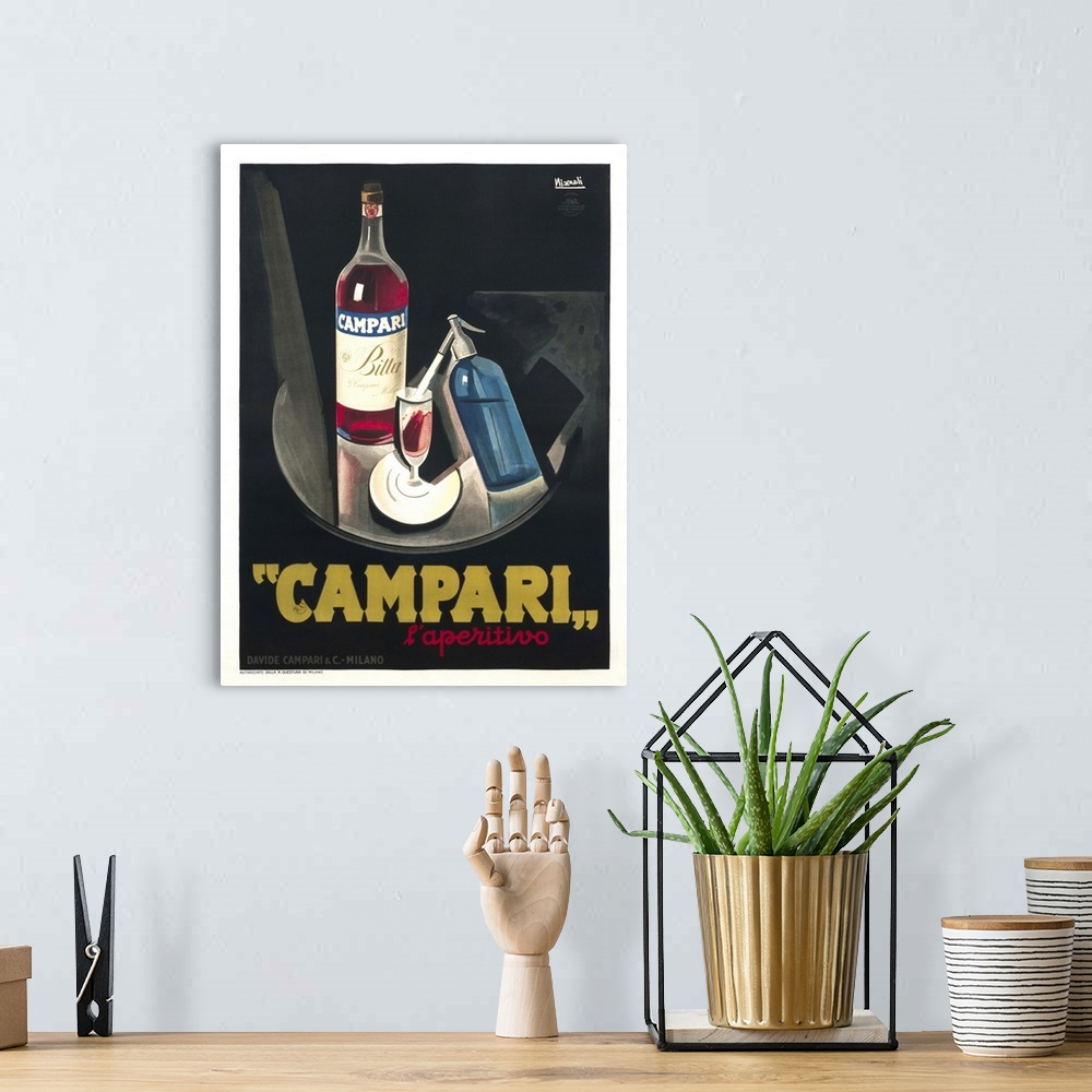 A bohemian room featuring Vintage advertisement for Campari liqueur.