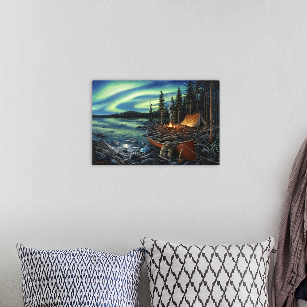 A bohemian room featuring Contemporary painting of a campsite with a fire and a canoe underneath the Northern Lights.