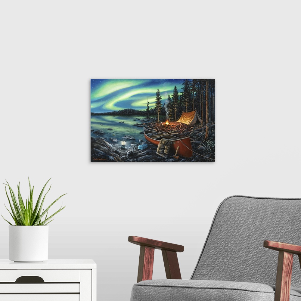 A modern room featuring Contemporary painting of a campsite with a fire and a canoe underneath the Northern Lights.