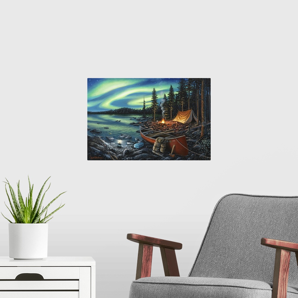 A modern room featuring Contemporary painting of a campsite with a fire and a canoe underneath the Northern Lights.