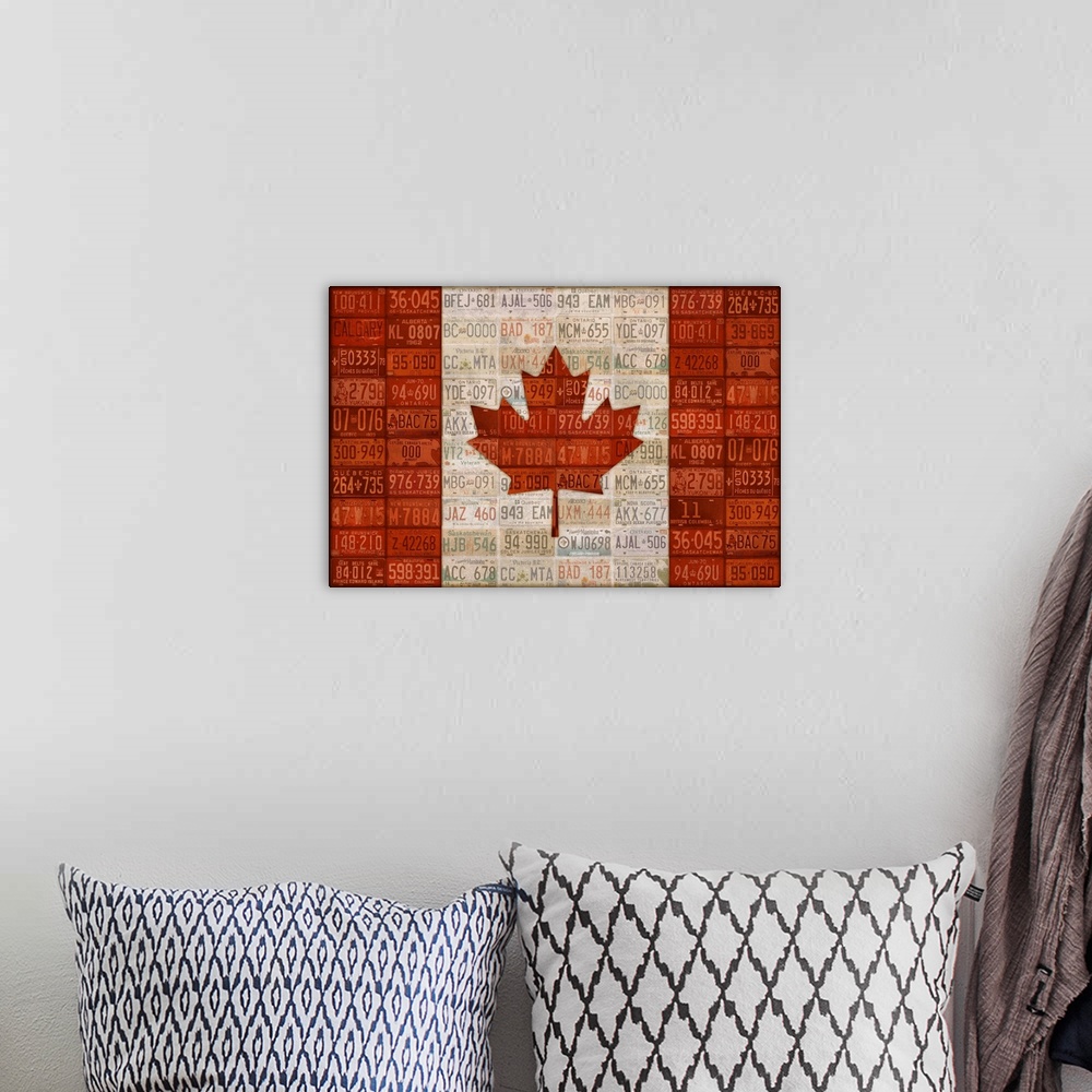 A bohemian room featuring Canada License Plate Flag