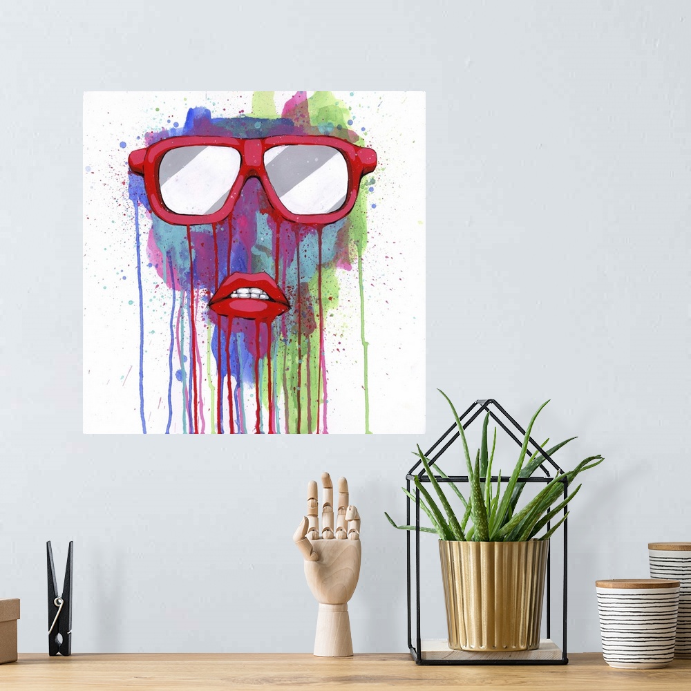 A bohemian room featuring Pop art painting of sunglasses and red lips with paint splatters and drips.
