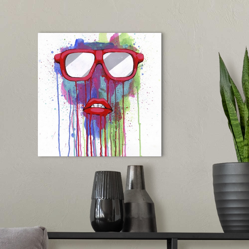 A modern room featuring Pop art painting of sunglasses and red lips with paint splatters and drips.