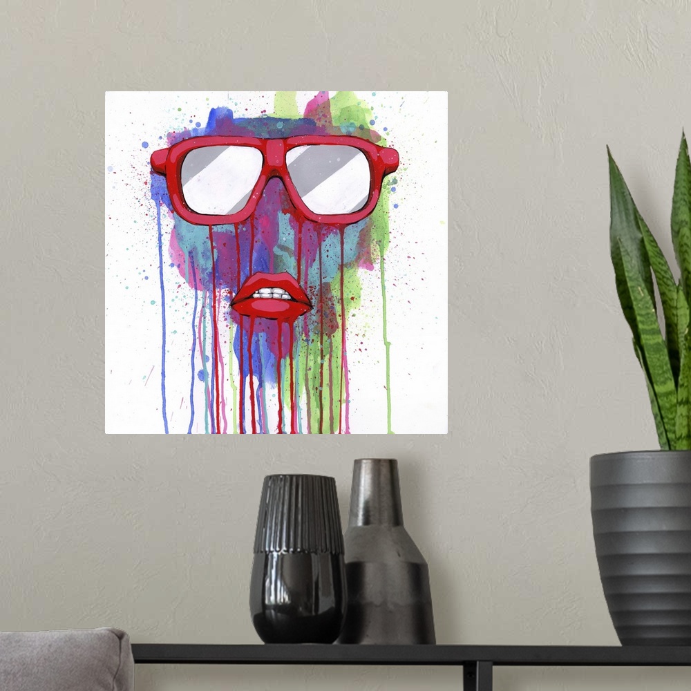 A modern room featuring Pop art painting of sunglasses and red lips with paint splatters and drips.