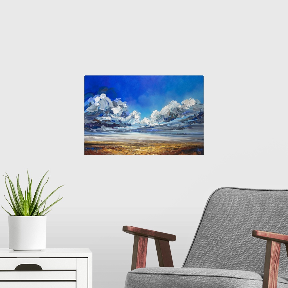 A modern room featuring Dramatic landscape painting of cloudy stormy sky over prairie field by contemporary Canadian Arti...