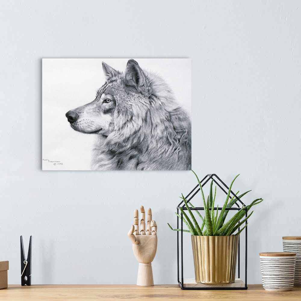 A bohemian room featuring Profile drawing of a wolf.
