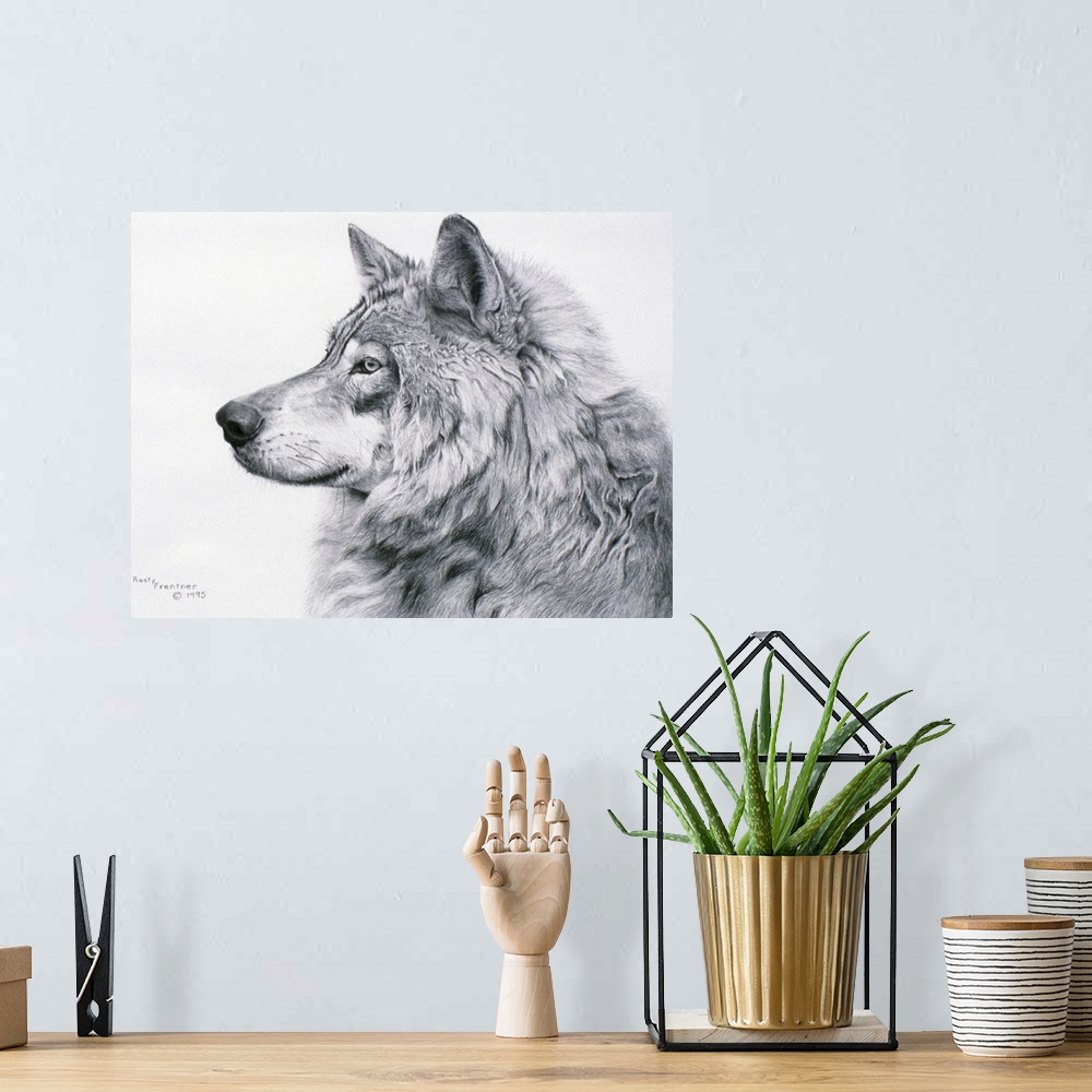 A bohemian room featuring Profile drawing of a wolf.