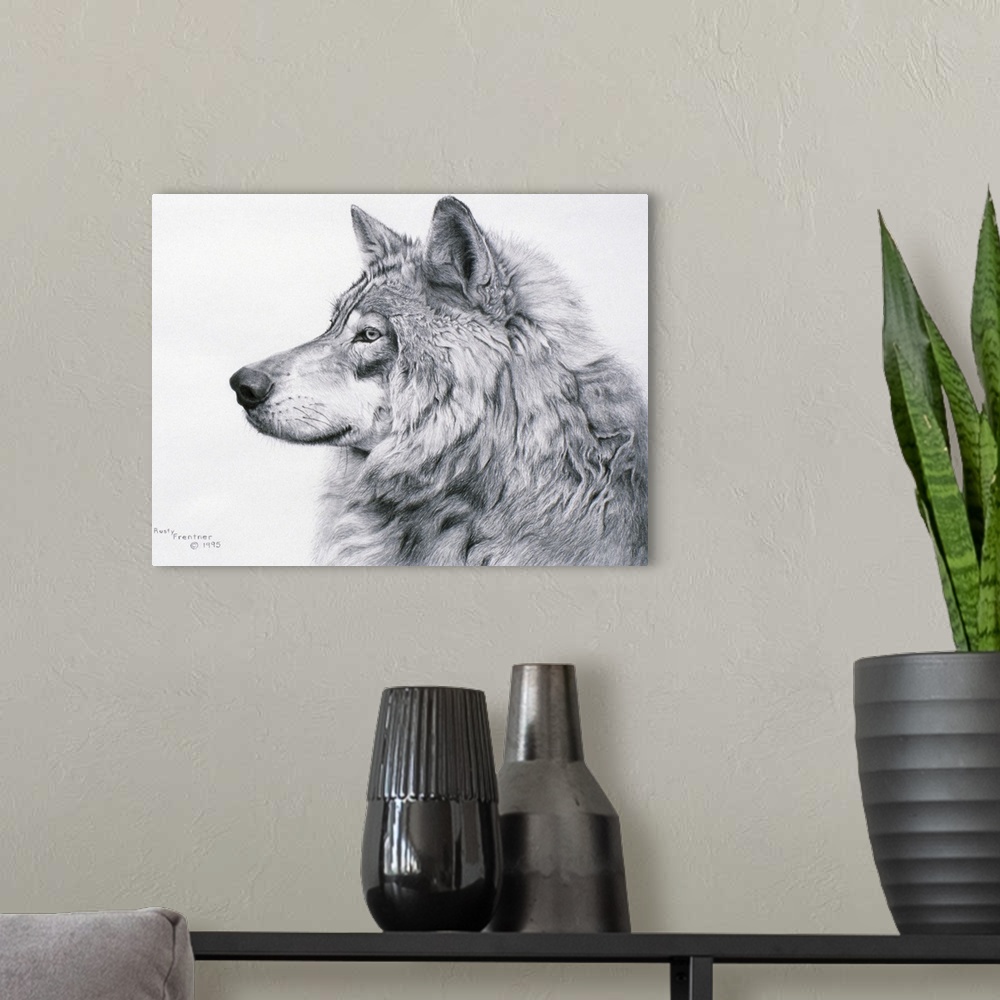 A modern room featuring Profile drawing of a wolf.