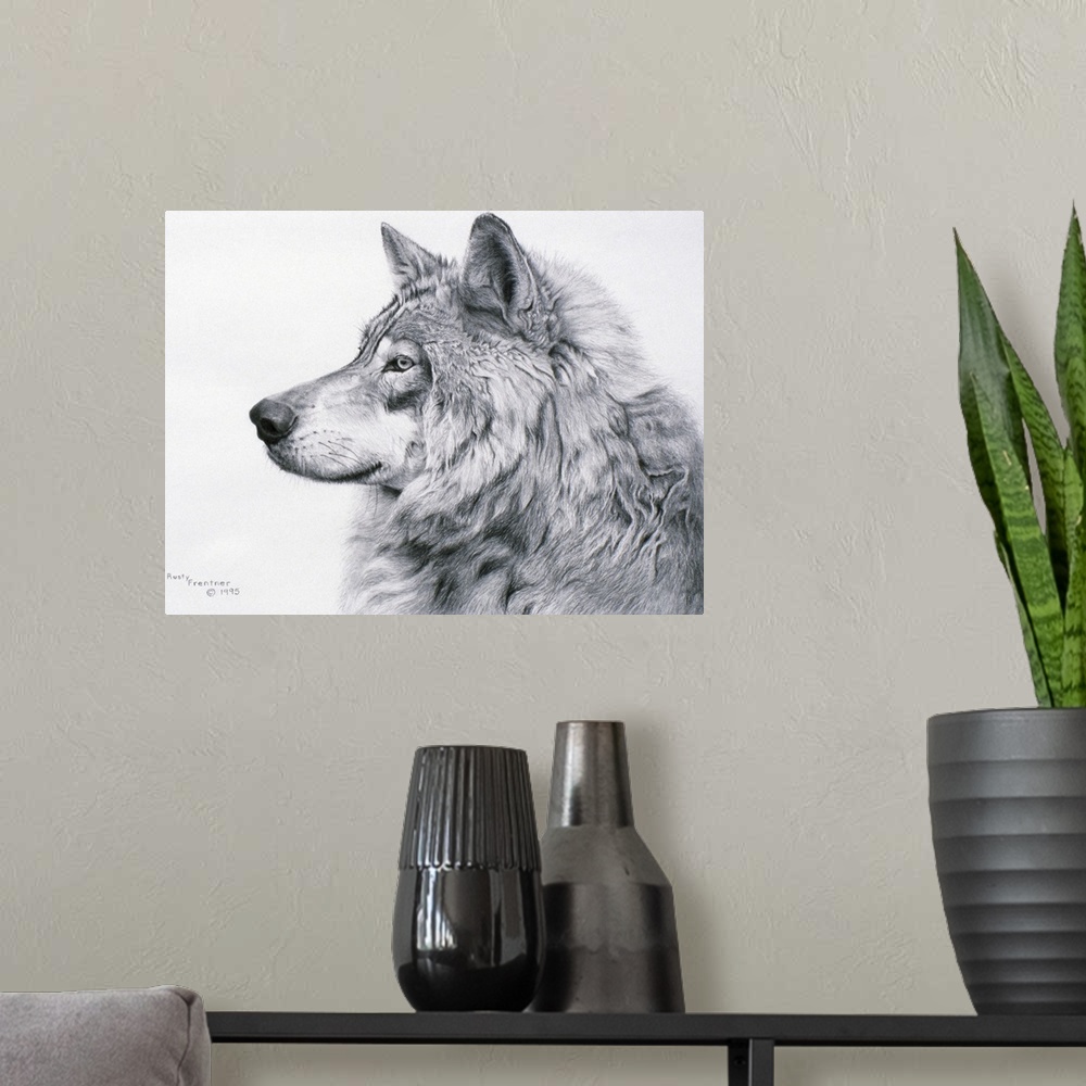 A modern room featuring Profile drawing of a wolf.