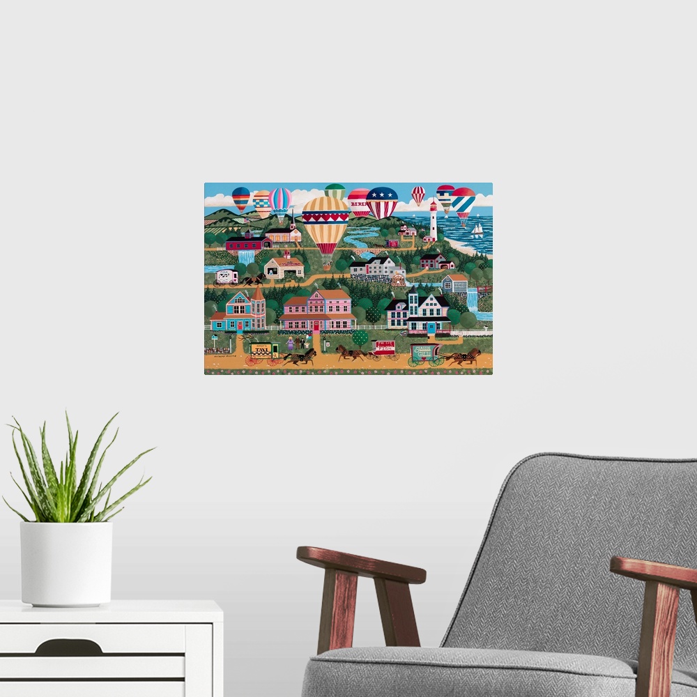 A modern room featuring Contemporary painting of an Americana countryside village scene during a balloon festival.