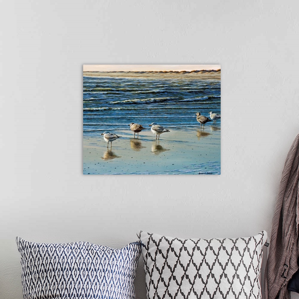 A bohemian room featuring Contemporary artwork of Herring Gulls by the water.