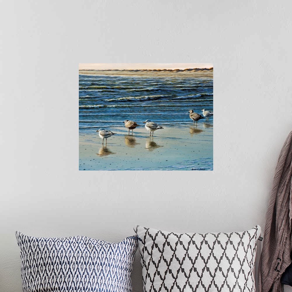 A bohemian room featuring Contemporary artwork of Herring Gulls by the water.