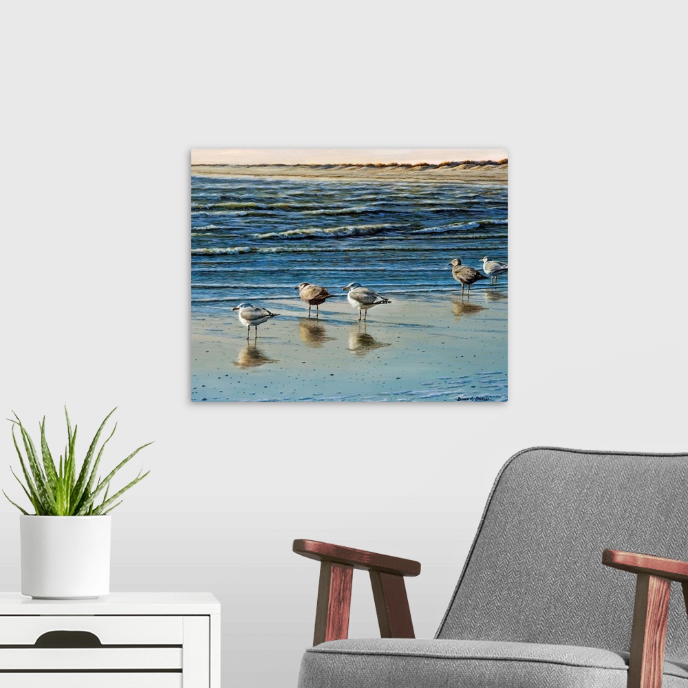 A modern room featuring Contemporary artwork of Herring Gulls by the water.