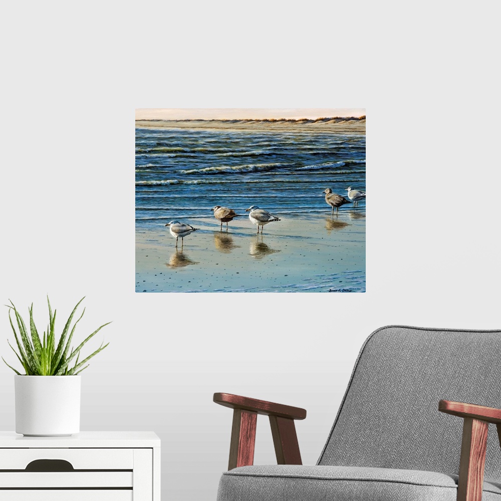 A modern room featuring Contemporary artwork of Herring Gulls by the water.