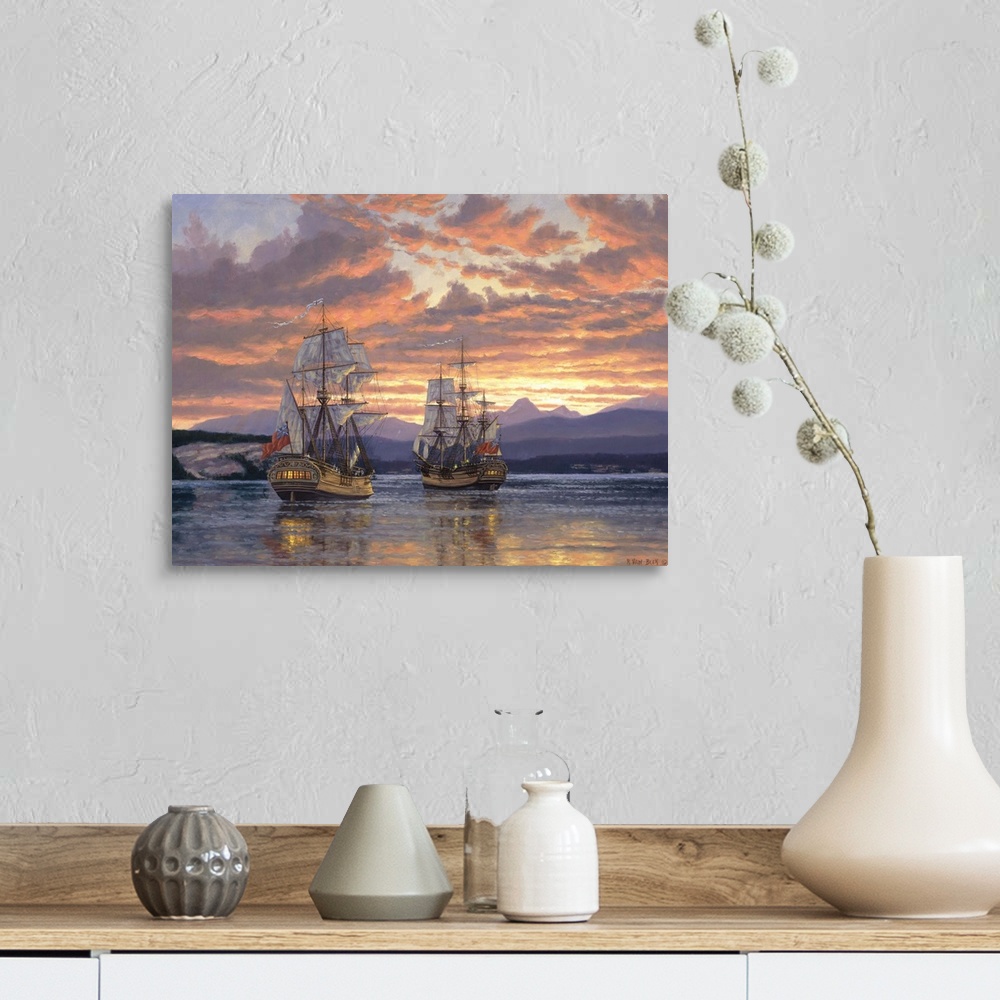A farmhouse room featuring Ships on water at sunset.