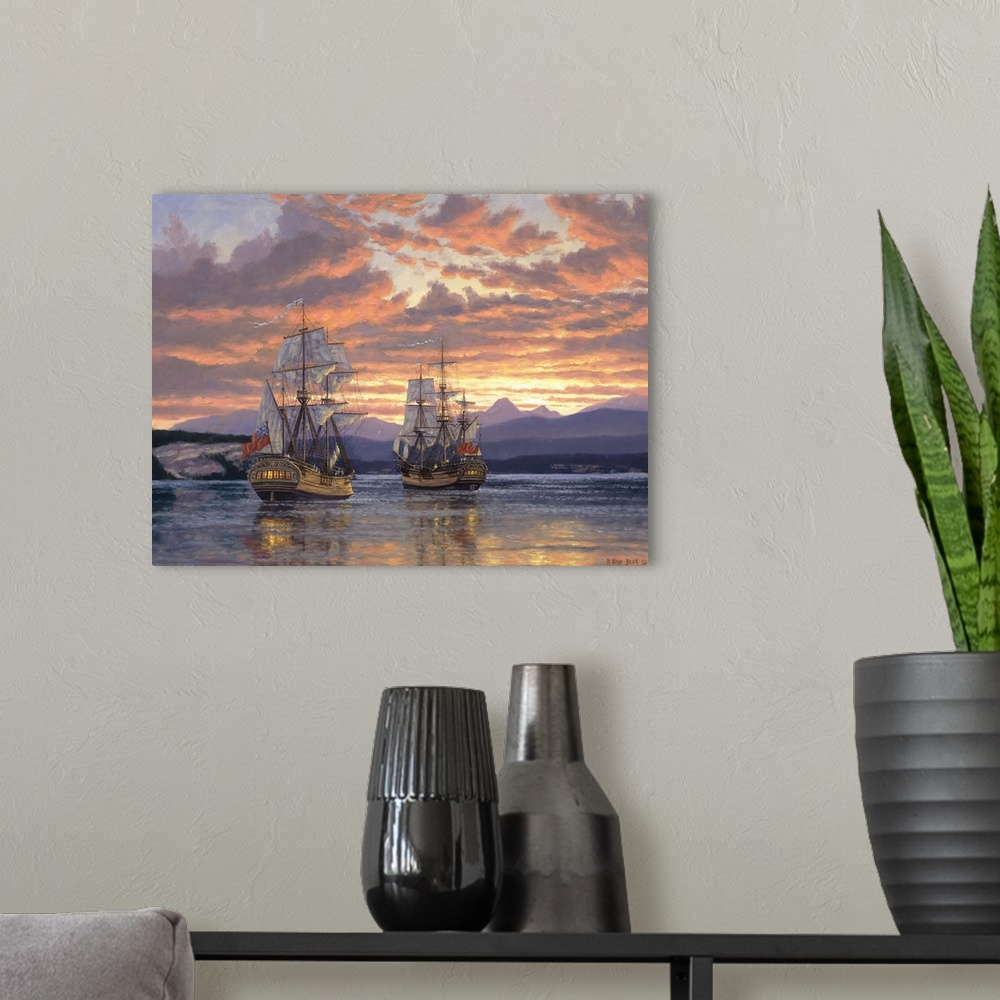 A modern room featuring Ships on water at sunset.