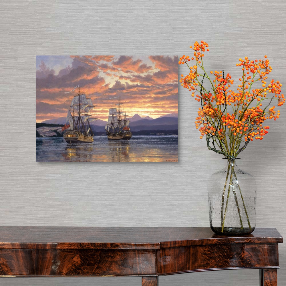 A traditional room featuring Ships on water at sunset.