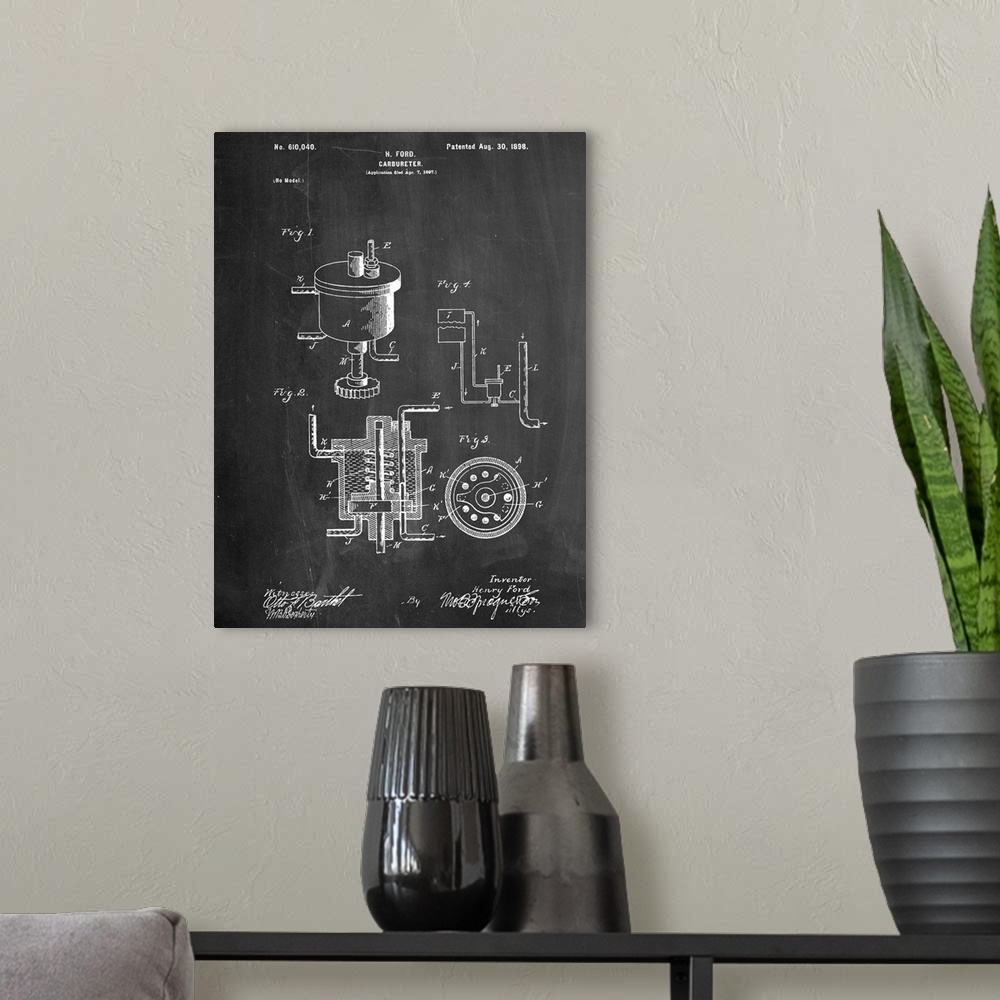 A modern room featuring Black and white diagram showing the parts of Henry Ford's carburetor.