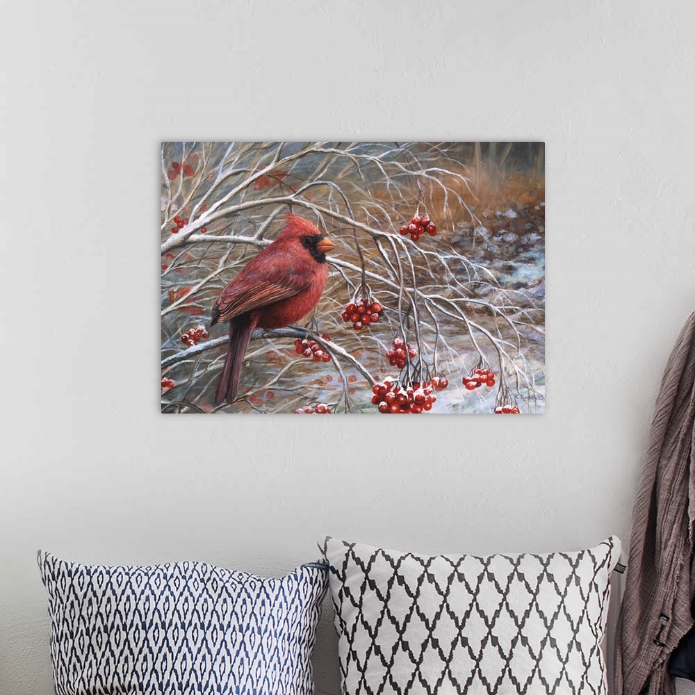 A bohemian room featuring Contemporary artwork of a cardinal sitting on a branch with red berries.