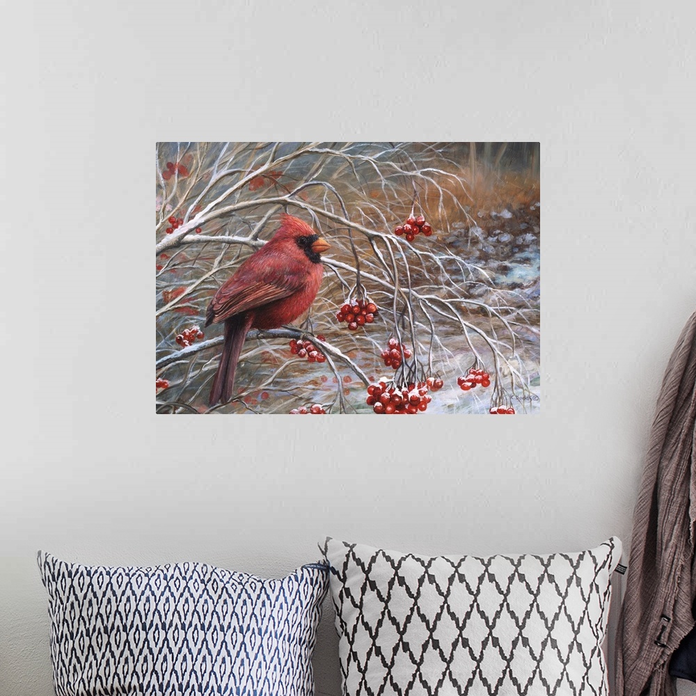 A bohemian room featuring Contemporary artwork of a cardinal sitting on a branch with red berries.