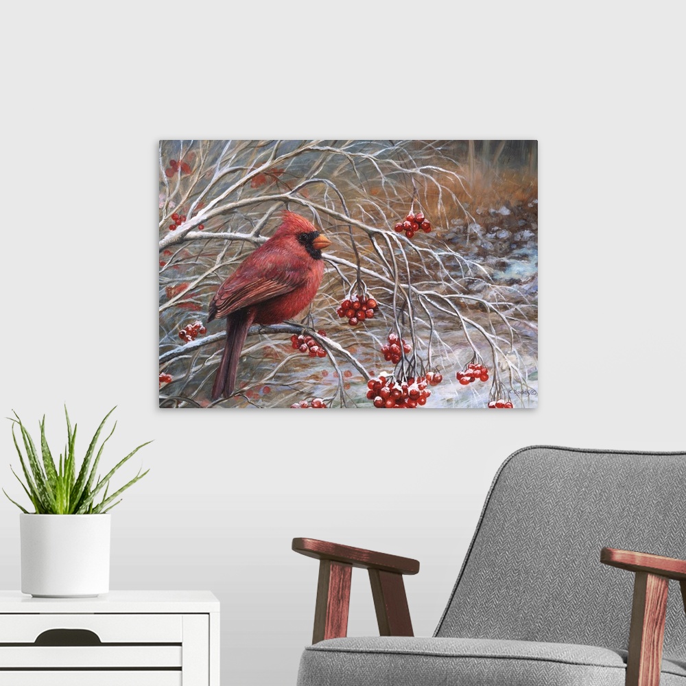 A modern room featuring Contemporary artwork of a cardinal sitting on a branch with red berries.