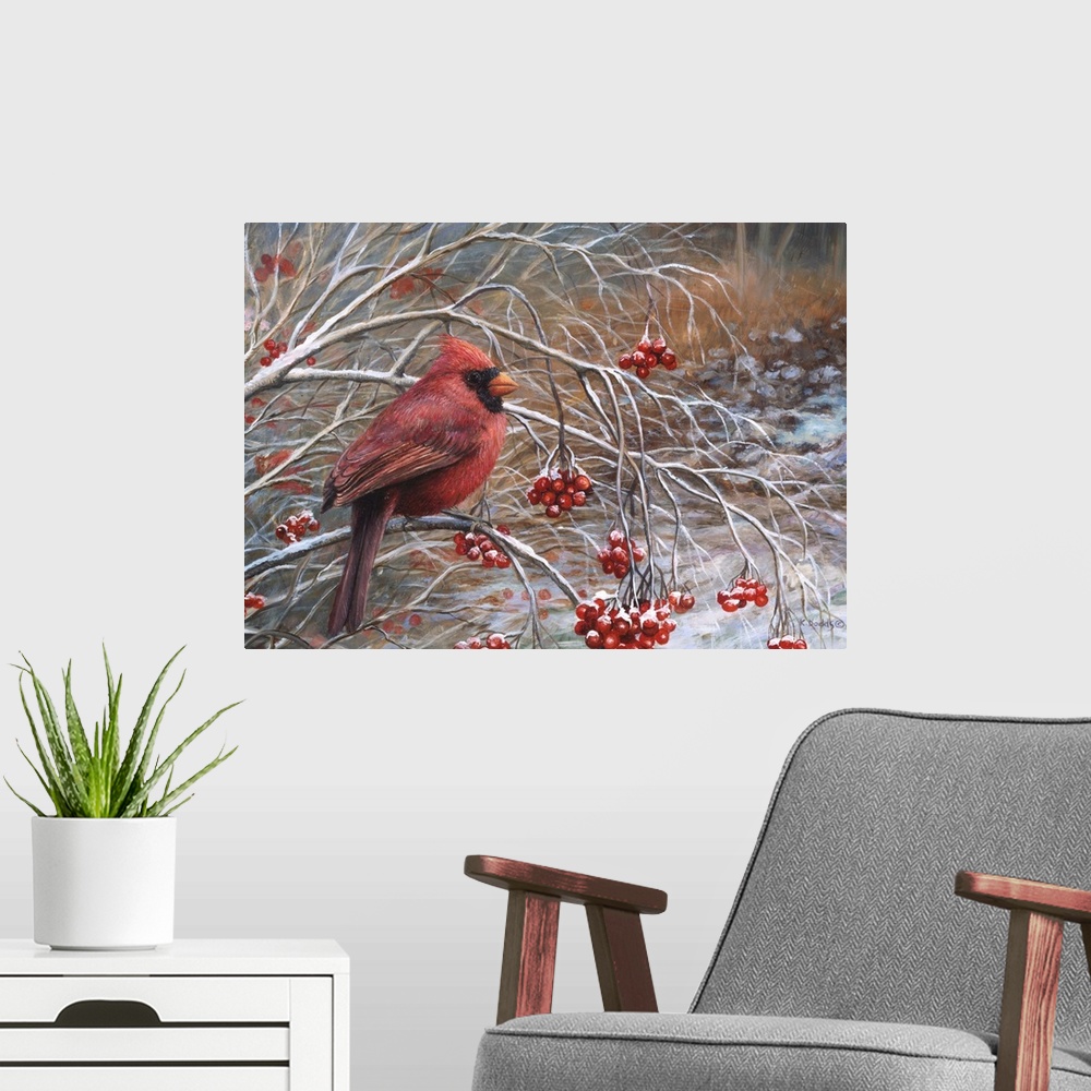 A modern room featuring Contemporary artwork of a cardinal sitting on a branch with red berries.