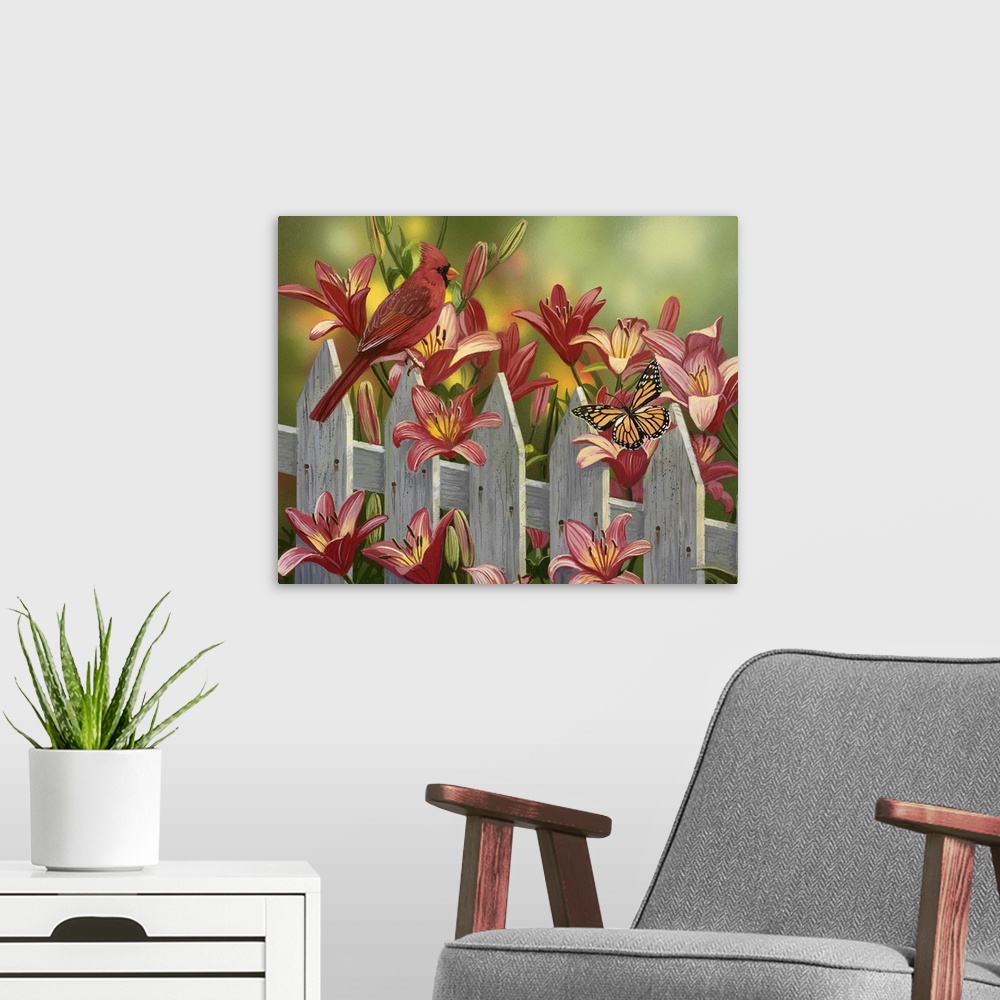 A modern room featuring Cardinal and Lilies