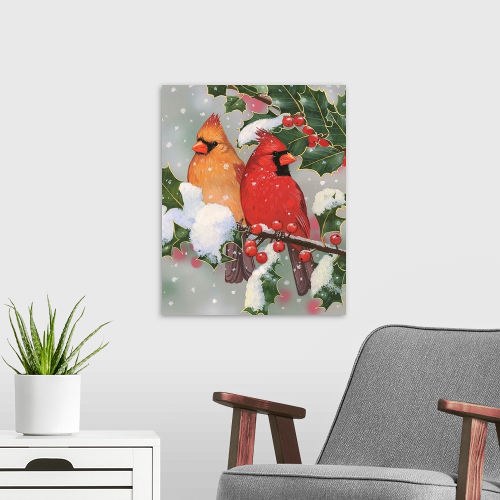 A modern room featuring Cardinal Couple With Holly