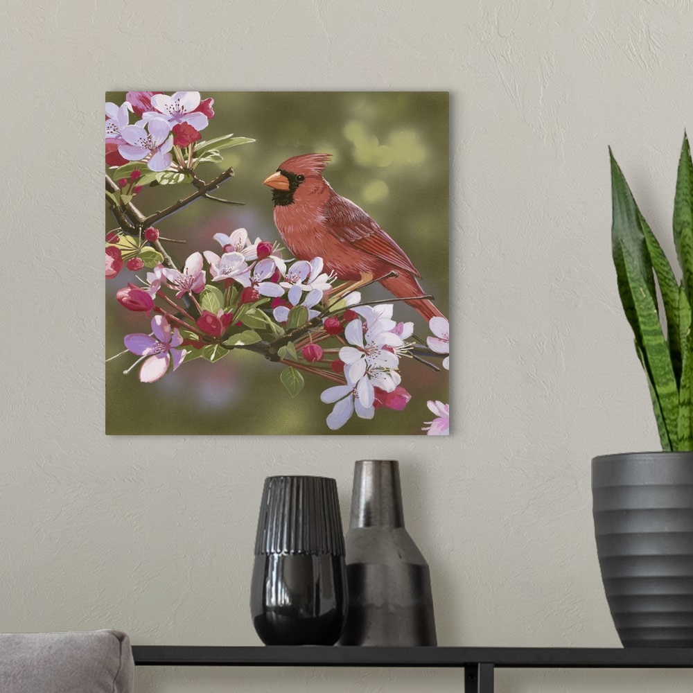 A modern room featuring Cardinal with Apple Blossoms